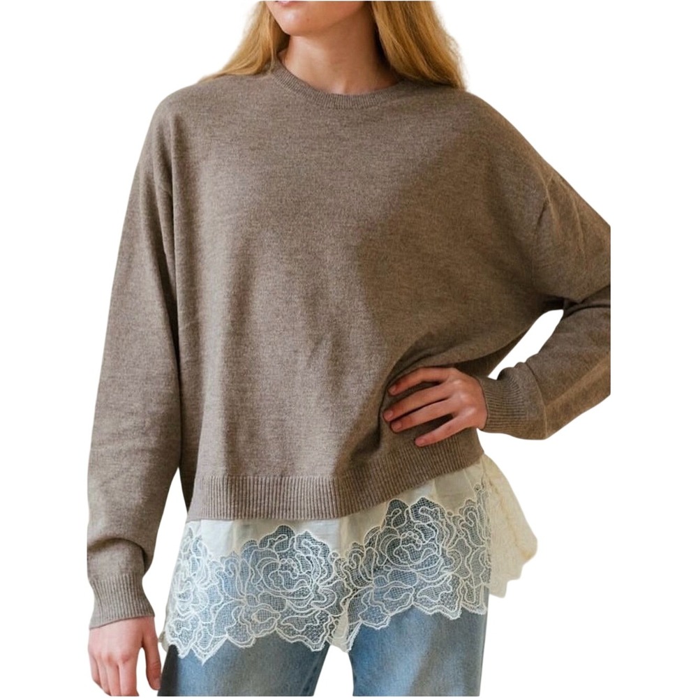 Zara Taupe Crewneck Sweater with Cream Lace Trim